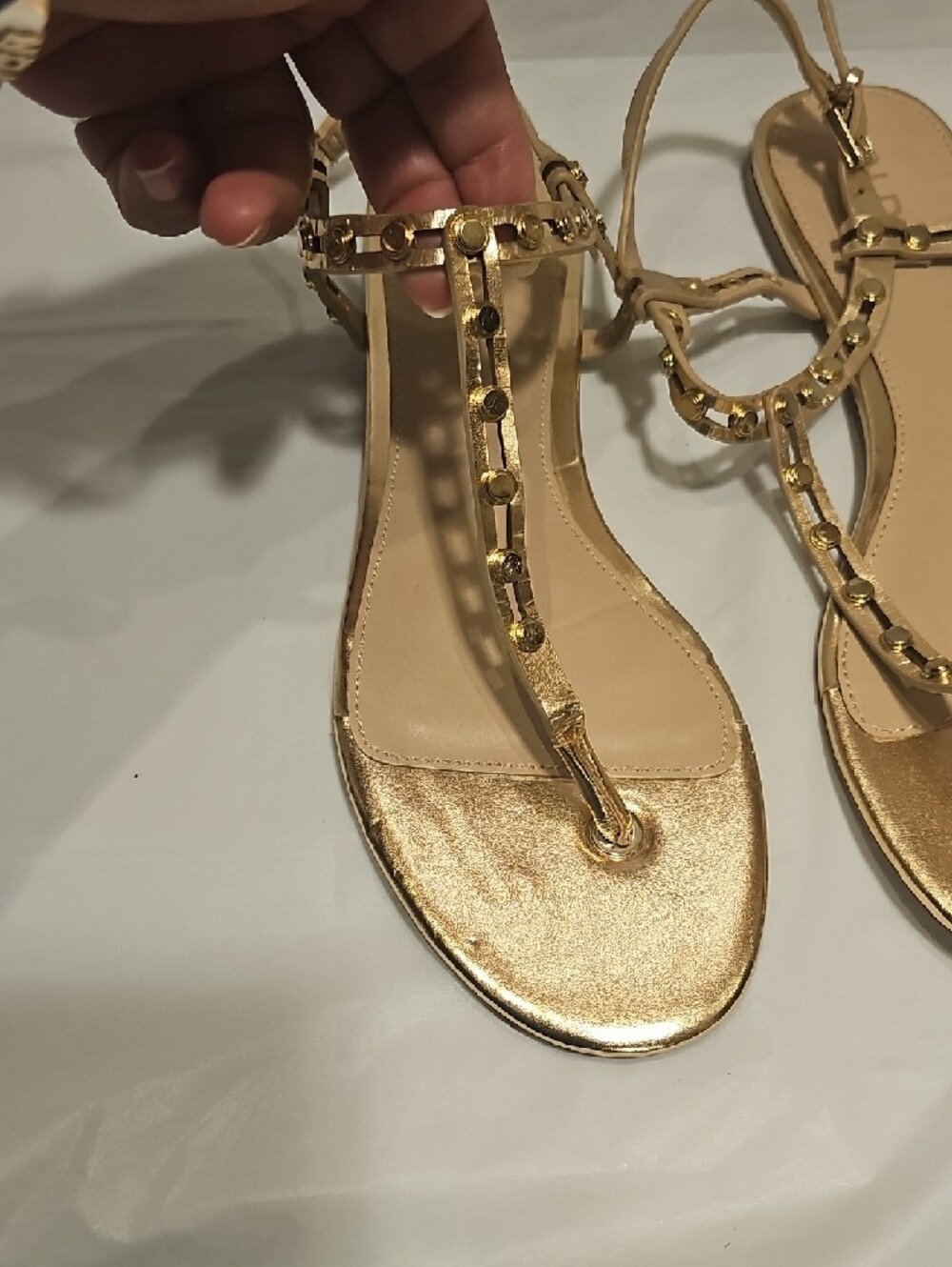 Aldo Metallic Gold T-Strap Studded Sandals - Picture 2 of 5